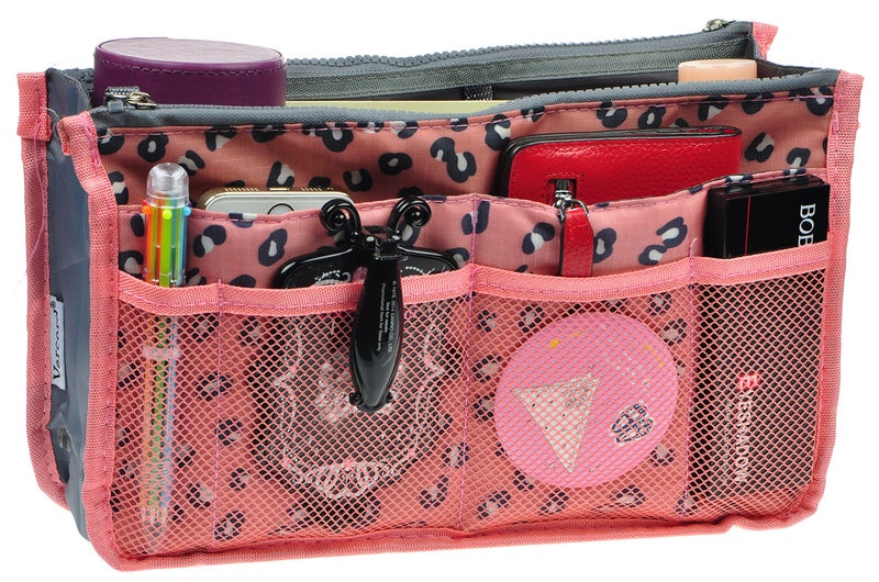 Vercord Purse Organizer Insert for Handbags Bag Organizers Inside Tote Pocketbook Women Nurse Nylon 13 Pockets Pink Leopard Small - Image 1